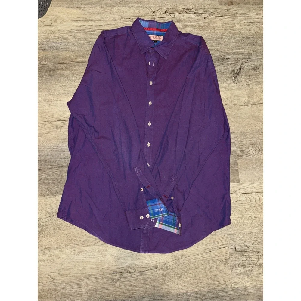 Thomas Pink Shirt Men's L  Purple Blue Cotton Jermyn Street Classic Fit Dbl Cuff